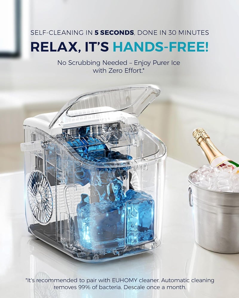 EUHOMY Countertop Ice Maker Machine with Handle, 26lbs Per Day, 9 Ice Cubes Ready in 6 Mins, Auto-Cleaning Portable Ice Maker with Basket and Scoop, for Home/Kitchen/Camping/RV (White) - Image 5
